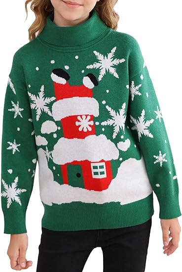 RAISEVERN Kids Ugly Christmas Sweater Boys Girls Turtleneck Xmas Long Sleeve Holiday Party Knitted Pullover 6-13 Years