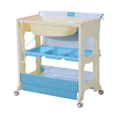 HOMCOM Baby Changing Table Station Portable Changer Baby Storage Bath Tub Unit Dresser w/Wheels (Blue)