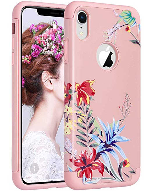 ULAK Slim Floral Case for iPhone XR, Hybrid Protective Soft Silicone Hard Back Cover Anti Scratch Bumper Design Case for Apple iPhone XR 6.1 inch 2018 (Mint Flower)