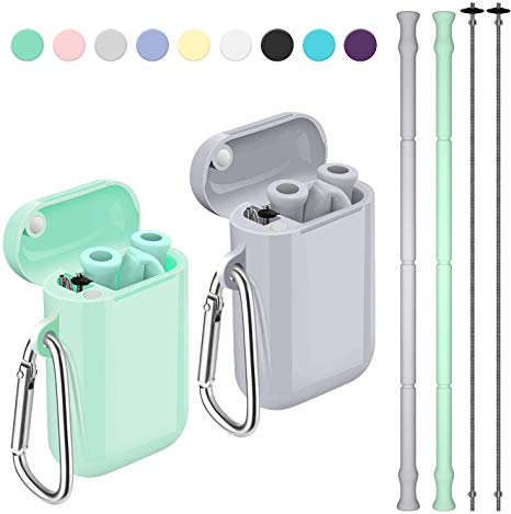 Reusable Straws, Funbiz 2 Pack Portable Silicone Collapsible Straw with Case and Extra Long Cleaning Brush for Kids Adult, BPA Free Foldable Travel Drinking Straws for Smoothie Coffee, Green & Grey