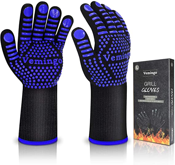 Vemingo BBQ Gloves 1472°F Extreme Heat Resistant Ov Grill Gloves Heat Proof/Fireproof Gloves Oven Mitts Barbecue Gloves for Smoker/Grilling/Cooking/Baking 12.5CM Large, Blue