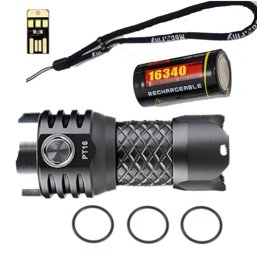 MecArmy PT16 BUNDLE with Key Chain LED Flashlight 1000 Lumens, Rechargeable 16340 Battery, Lanyard, and Mini USB Light (Micro USB Cord NOT INCLUDED)