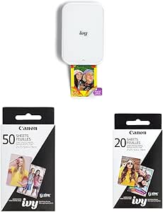 Canon Ivy 2 Mini Photo Printer, Print from Compatible iOS & Android Devices, Sticky-Back Prints, Pure White & Zink Photo Paper Pack, 50 Sheets & Zink Photo Paper Pack, 20 Sheets, White, 2" X 3".