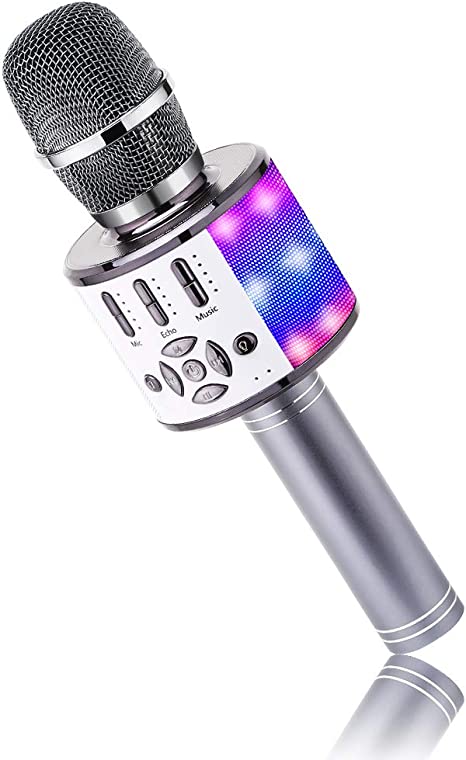 BONAOK Wireless Microphone Bluetooth, Lyrics (Voice) Elimination Karaoke Wireless Mic, Mic with Led Lights, Home Party KTV Karaoke Machine,Compatible with IOS Android Bluetooth Devices(Space Gray)
