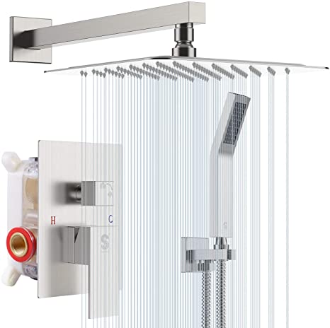 SR SUN RISE Brushed Nickel Shower System 10 Inches Shower Faucets Sets Complete with Shower Faucet Rough-in Valve Body and Trim Kit