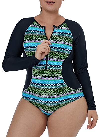 EVALESS Women's Zip Front Printed Long-Sleeve Rash Guard Shirt One Piece Swimsuit