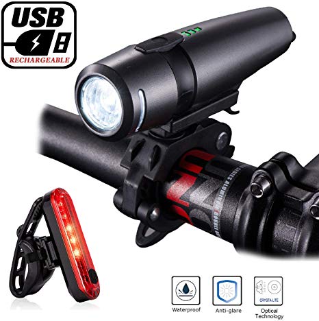 Bike Light Set, Arespark Ultra Bright Rechargeable Bicycle Light Set, Powerful Lumens Bike Headlight Free Tail Light, LED Front and Back Rear Lights, Easy to Install, Water Resisitant, IPX5