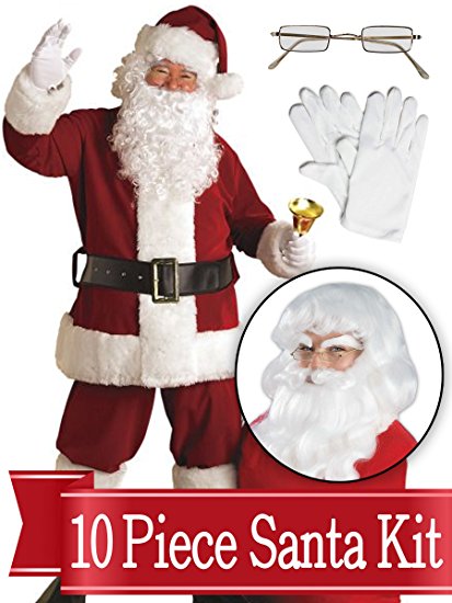 Santa Standard Suit - Crimson Ultra Deluxe Complete 10 Piece Kit - Santa Costume Plush Outfit