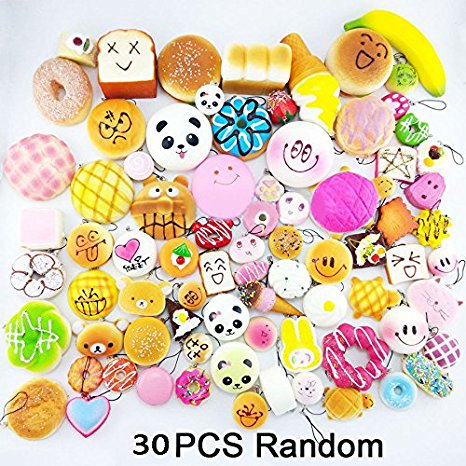 Random 30pcs Jumbo Medium Mini Soft Squishy Cake/Panda/Bread/Buns Phone Straps