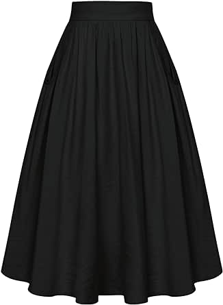 Belle Poque Women's Faux Linen Skirt with Pockets Vintage Swing Skirt Elastic Waist Flared A Line Skirts