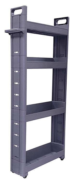 Adorn Home Essentials 4-Tier Narrow, Storage cart Pull-Out, Slide – Out Mobile Commodity Shelf, Rack Organizer Unit on Wheels | Plastic | Grey