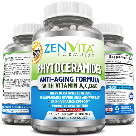 Phytoceramides 350 mg - with Vitamins A C D and E Powerful Anti-Aging Formula All Natural Plant Derived Skin Renewal and Hydration Supplement 30 Capsules 30 Days Supply of 350 mg Phytoceramides Natural Face Lift Helps Moisturize Reduce Fine Lines and Wrinkles No Hassle 100 Money Back Guarantee by ZenVita Formulas