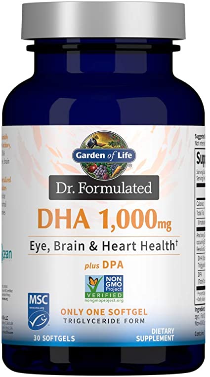 Garden of Life Dr. Formulated DHA 1,000mg Fish Oil - Lemon, Once Daily 1000mg DHA   DPA in Triglyceride Form, Single Source Omega 3 Supplement for Ultimate Eye, Brain & Heart Health, 30 Softgels