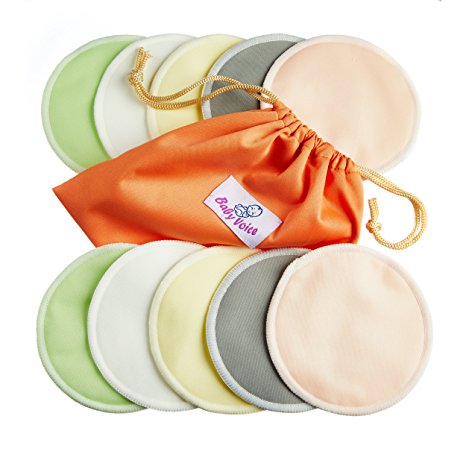 Washable Nursing Pads 10 Pack (Organic Bamboo)   Laundry & Travel Bag   Free Breastfeeding & Sleeping Guide. Feel Safe With Softest Reusable Breast Pads by BabyVoice (Medium, pastel colors)