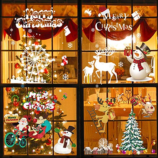 Rongyuxuan Christmas Window Stickers 6-in-1 Christmas Window Clings DIY Traceless Static Xmas Window Decorations Santa Claus Window Clings Snowman Window Decals Reindeer Glass Stickers