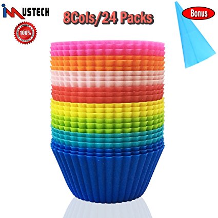 iMustech Silicone Cupcake Liners, Reusable Muffin Baking Molds, Standard Size Cake Molds, Muffin Cups, Nonstick Cupcake Liners with Cake Decorating Tool, 8 Colors/24 Pack