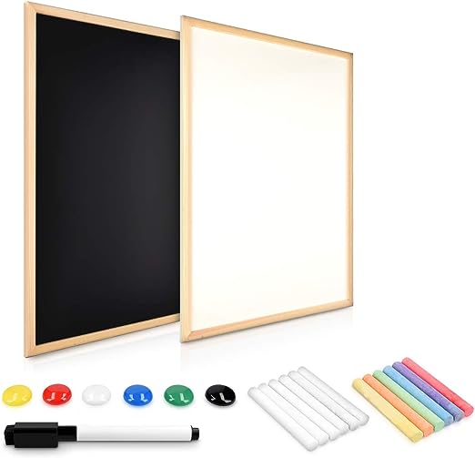 Navaris Tableau mixte - Tableau mural 60 x 40cm tableau noir ardoise et tableau blanc magnétique cadre en bois - Kit fixation craie aimant marqueur