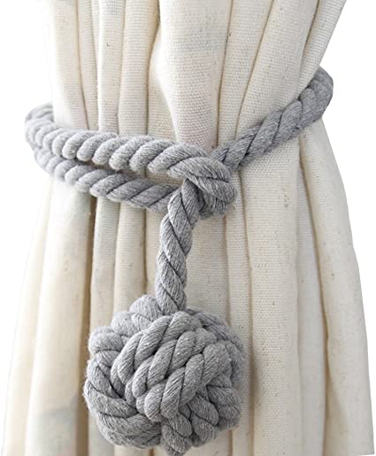 Shinywear 2 Pieces Retro Handmade Curtain Ropes Holdbacks Rural Knot Ball Cotton Cord Drapery Tiebacks Tie Band (Gray)