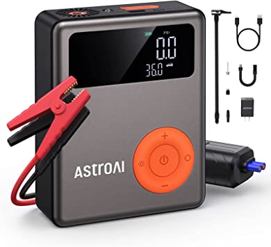 AstroAI Jump Starter with Air Compressor,1750A 12V Battery Jump Starter with 150PSI Digital Tire Inflator, Up to 7.5L Gas & 5.0L Diesel Engines, Visible LCD Screen with Jumper Cable, AC Charger