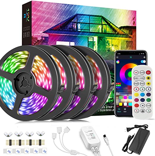 65.6FT/20M LED Strip Lights, RGB LED Light Strip Music Sync RGB LED Strip,5050 SMD Color Changing LED Strip Light Bluetooth Controller   24 Key Remote for Bedroom, Party and Home Decoration