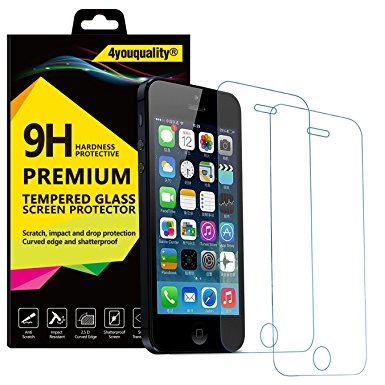 [2-Pack] [Lifetime Warranty] 4youquality® iPhone SE 5S 5 5C Genuine Top Quality 9H Hardness Tempered Glass Screen Protector Film [2.5D Round Edge] [9H Hardness] [Crystal Clearity] [Scratch-Resistant] For Apple iPhone 5 5S & 5C