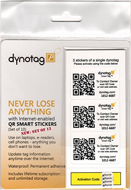 Dynotag Web/GPS Enabled QR Code Smart Tags - Ready to use, 12 Sticker Set (3 Stickers each of 4 dynotags)