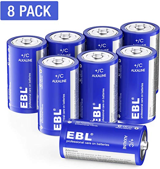 EBL C Batteries Alkaline C Batteries - Durable and Lasting Performance Alkaline Batteries for Household and Business, Toys, Remotes, Flashlights, Camping Lights, Electronic Devices (8 Pack)