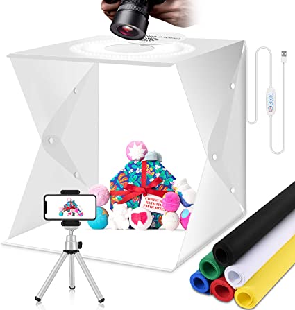 Photography Light Box Photo Studio Kit 3 Color Lighting Tent 160 LED Portable White Booth Display Product Food/Jewelry with Mini Tripod & 6 Background(16x16 inch)