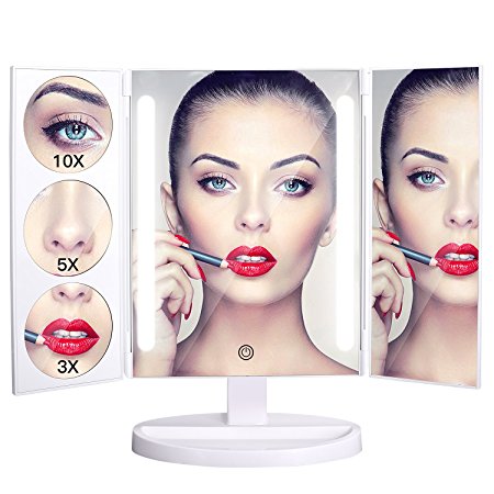 Bestope Makeup Vanity Mirror with 3x/2x Magnification,Trifold Mirror with 21 Led Lights,Touch Screen, 180° Adjustable Rotation,Dual Power Supply, Countertop Cosmetic Mirror (18.8inch)