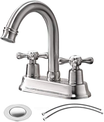 VAPSINT Commercial Two Handles Stainless Steel Centerset Lavatory Vanity Brushed Nickel Bathroom Faucet,Bathroom Faucet Include Water Hose And Pop Up Drain