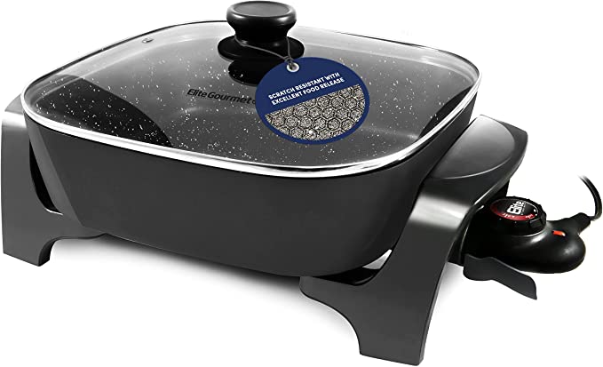 Elite Gourmet EG6201# Extra Deep 12"x12"x3.2" (7.5Qt.) Scratch Resistant Dishwasher Safe, Non-stick Electric Skillet with Glass Vented Lid, Adjustable Temperature, Black