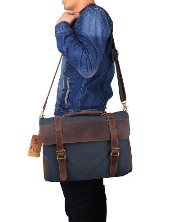 Kattee Canvas Genuine Leather Laptop Messenger Shoulder Bag (Dark Grey)