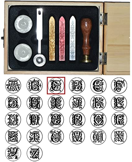 XICHENWood Gift Box Stamp Seal Sealing Wax Vintage Classical Old-Fashioned Antique Alphabet Initial Letter Set Brass Color Creative Mysterious Stamp Maker Kit A-Z (C)