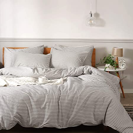 JELLYMONI 100% Natural Cotton 3pcs Striped Duvet Cover Sets,White Duvet Cover with Grey Stripes Pattern Printed Comforter Cover,with Zipper Closure & Corner Ties(King Size)