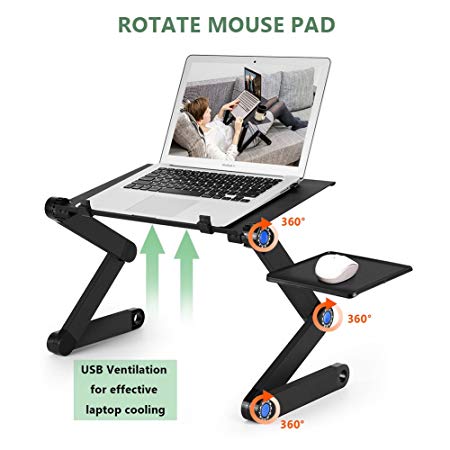 Kapoo Portable Laptop Desk Foldable Laptop Stand Adjustable Laptop Table Ergonomic Bed Tray with Two CPU Cooling Fans & Extra Mouse Pad Side