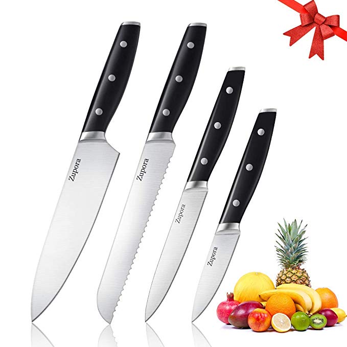 Kitchen Knife Set, Zupora Professional 4-Pieces Chef Knife Set Premium Stainless-steel Blades Collection Boxed with Triple Rivet Non-slip Grip Handles, Black