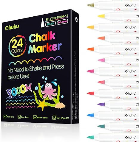 Ohuhu No Shaking and Pressing Chalk Markers for Chalkboard Brush Tip 24 Colors Chalkboard Markers for Blackboard Car Window Glass Easy to Wipe Off Chalk Pens Non-toxic for Adults Kids