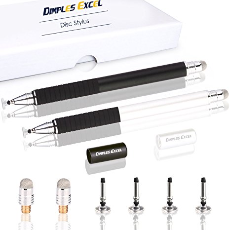 Dimples Excel 2 in 1 Precision Stylus with Fine Point Tip Disc and Hybrid Fiber Tip - 4 Replacement Discs and 2 Micro-knit Hybrid Fiber Tips, 2 Pack (Black   Silver)