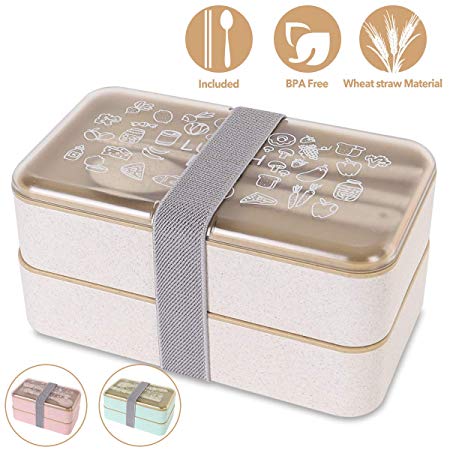 Buringer Lunch Bento Box Food Storage 2 Square Containers for Kids Adults School Work Wheat Grass BPA Free Leak Proof with Chopsticks and Spoon (Long Khaki)