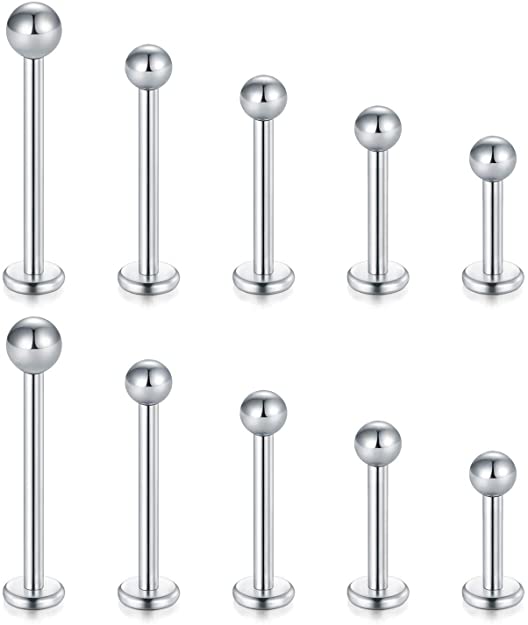 Zolure 5Pairs (10PCS) 16G Stainless Steel Labret Monroe Lip Rings Tragus Helix Earring Stud Piercing Jewelry 6mm 8mm 10mm 12mm 14mm