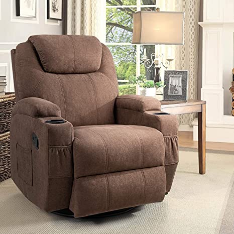 Flamaker Rocking Chair Recliner Chair with Massage and Heating 360 Degree Swivel Ergonomic Lounge Chair Classic Single Sofa with 2 Cup Holders Side Pockets Living Room Chair Home Theater Seat (Brown)