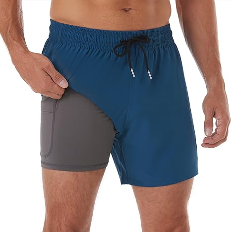 BRISIRA Swim Trunks Men Quick Dry Swim Shorts 5 inch Inseam Stretch Water Beach Shorts with Compression Liner Zipper Pocket