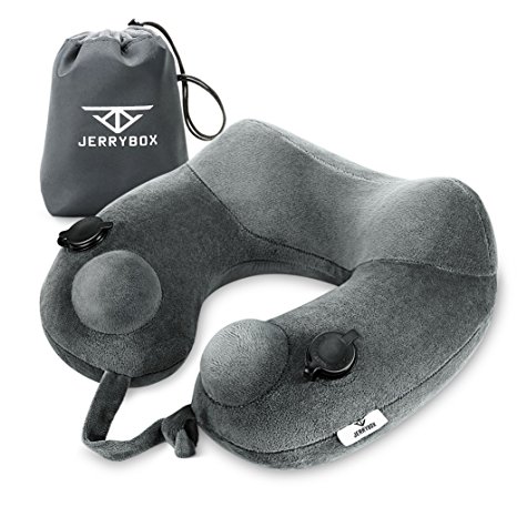 Jerrybox Travel Pillow Dual Airbags Fastest 15 Seconds Inflating Neck Pillow Height-adjustable Breathable U-Shape Pillow Support Head, Neck and Chin (Grey, About 11.3 Ounces)