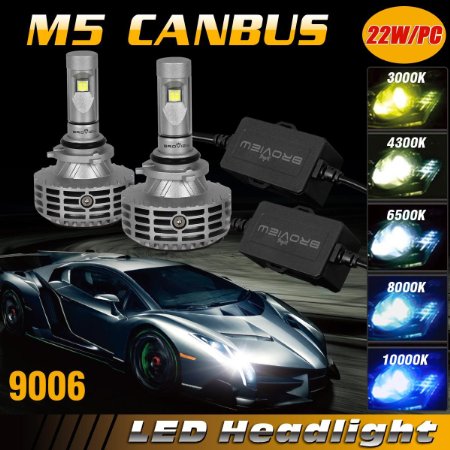 BROVIEW M5 Canbus LED Headlights 9006 - 6000LM 9006/HB4/9012 LED All-in-One Kit 44W LED Bulbs Cree Philips Chip - PnP - Replaces Halogen/Xenon HID Headlights - 2 Yr Warranty - (2pcs/set)