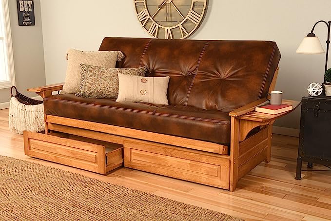 Kodiak Furniture Phoenix Full Size Futon in Butternut Finish with Storage Drawers, Oregon Trail Saddle