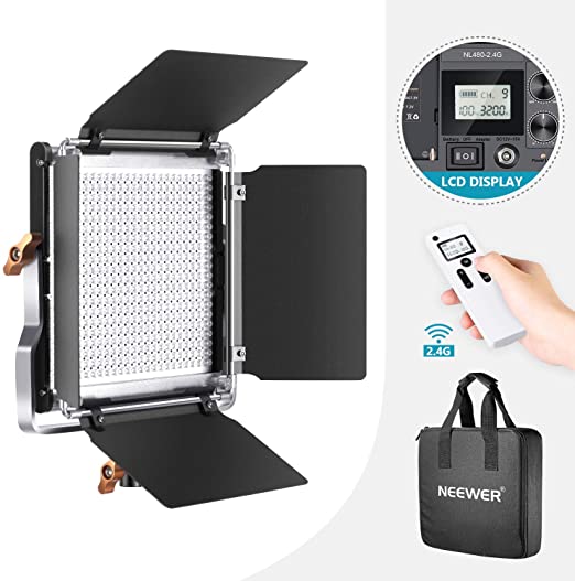 Neewer Advanced 2.4G 480 LED Video Light, Dimmable Bi-Color LED Panel with LCD Screen and 2.4G Wireless Remote for Portrait Product Photography, Studio Video Shooting with Metal U Bracket and Barndoor