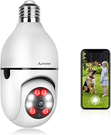 Anakk 360 Light Bulb Security Camera, 2K Wireless 2.4GHz WiFi Home IP Surveillance Cameras, Two-Way Audio, Baby and Pet Monitor Indoor/Outdoor, Compatible with Alexa