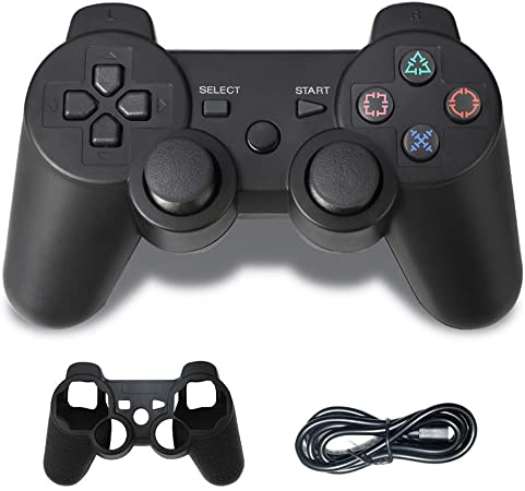 PS3 Controller Wireless, PS3 Joystick, PS3 Remote, Wireless PS3 Controller Double Shock Gamepad Compatible for Playstation 3, Coming with Skin Cover,Thumb Grips and Mini USB Cable(Black)
