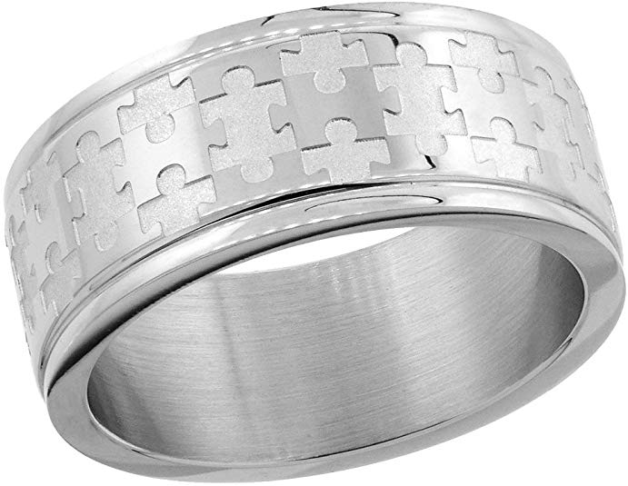 Surgical Stainless Steel 8mm Autism Awareness Jigsaw Puzzle Wedding Band Ring, Sizes 8-14