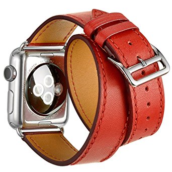 Valkit for Apple Watch Band - iWatch Bands 42mm Genuine Leather Strap iPhone Smart Watch Band Bracelet Replacement Wristband with Stainless Steel Adapter Clasp for Apple Watch 2 1, Double Tour - Red
